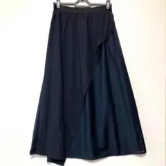 ダークブルー　 ラップスタイル 　ロングスカート　フレア　シンプル