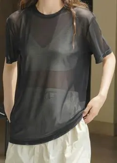 ブラック メッシュ 　シアー　シースルー　Tシャツ 半袖 重ね着　透け感