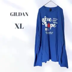 US古着 GILDAN XL ロングスリーブロゴTシャツ ブルー 青ロンT