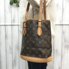 美品【ルイヴィトン】プチバケットPM ヌメ革 モノグラム ブラウン トートバッグ