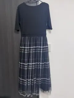 黒ニット　チェック柄 半袖　ワンピース　チュール