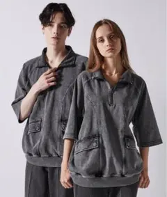 【新品】CLEL ヴィンテージ 半袖ハーフジップ Tシャツ チャコールグレー