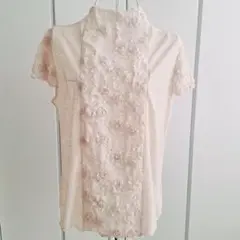 ◆未使用◆半袖◆ベージュ◆フラワー◆ハイネック◆カットソー◆M～L◆