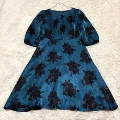 6829 美品✨オフオン 花柄フレアワンピース M 五分袖 膝丈 裏地有り 薄手