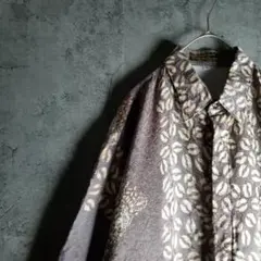 ブラウン　バティック総柄　個性派　柄シャツ　XL　民族　native