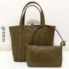 genten ゲンテン ゴートヌメレザーポーチ付トートバッグ オリーブ