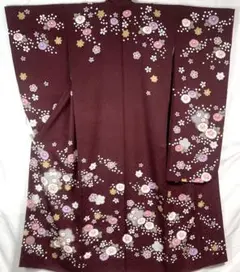 振袖 桜 菊 レッド 正絹 着物 袷 極美品