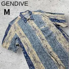 総柄シャツ ボタニカル柄 ストライプ Mサイズ ネイビー系 ダメージあり