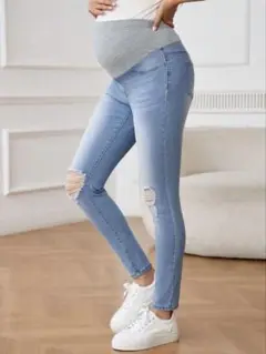 マタニティ スキニージーンズ ライトブルー ダメージ加工