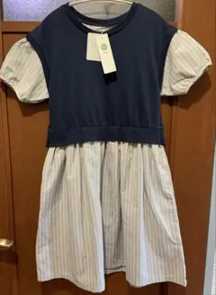 ikka ベストレイヤードストライプワンピース　ネイビー　ワンピース　140
