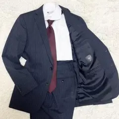 スーツセレクト セットアップ ネイビー Y5 ストライプ 背抜き ウール 通勤