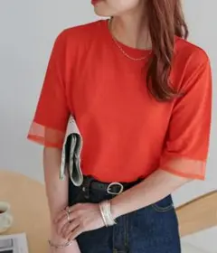 Discoat　シアー切り替え5分袖Tシャツ　ディスコート