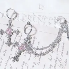 量産型イヤリング イヤーカフ pinkビジュー十字架 silver