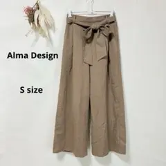 アルマデザイン ワイドパンツ　S ベージュ　ウエストリボン　タック　ウエストゴム