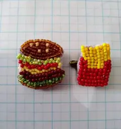 ハンドメイドビーズ刺繍ブローチ アボカドバーガーとポテトのセット