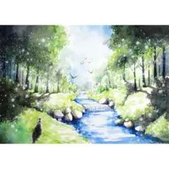 （原画）緑の耀き【SMサイズ／水彩画／#2499】