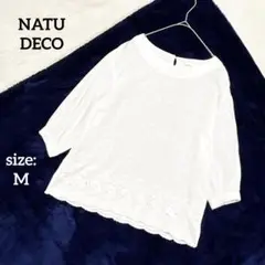 NATU DECO 半袖シャツ ブラウス M 白 5分袖 ドット柄 レース透け感