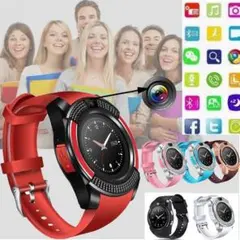 V8 スマートウォッチ カメラ プレゼント 健康 時計 プレゼント 赤 レッド