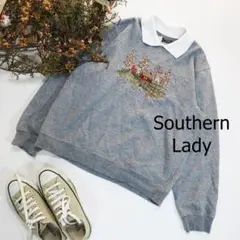 Southern Lady 襟付きスウェット グレー レトロ 刺繍 フリル襟
