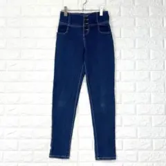 ゴージ【L】紺 デニムパンツ ハイウエスト スリム ストレッチ カジュアル