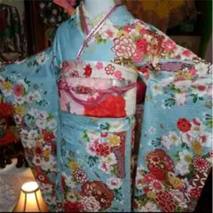 水色 パステルカラー 現代古典柄 正絹 地紋入り振袖セット 成人式 振袖