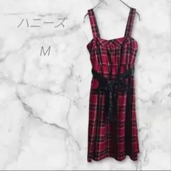 ハニーズ　チェック柄　M　ワンピース　赤　リボン付　可愛い