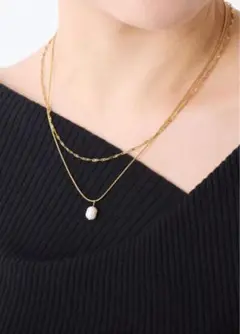 PAPILLONNERステンレス×淡水パール 2連ネックレス ゴールド