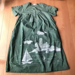 グリーン海と船プリントワンピース Mサイズ