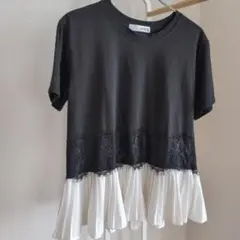 レース付きプリーツTシャツ 半袖 黒/白