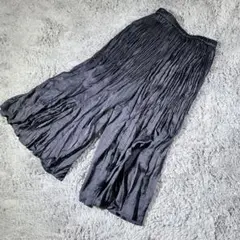 fuaフーア　プリーツシワ加工　ワイドパンツ　ウエストゴム　ガウチョパンツ　紺色