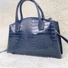 【美品】イアクッチ ハンドバッグ クロコ型押し 2way ブラック レザー
