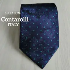 Contarolli シルク100% ネクタイ ネイビー花柄ドット