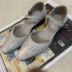 pedala シルバー 編み込みデザイン アンクルストラップパンプス
