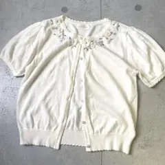 【ロディスポット】半袖カーディガン M 花刺繍 ビジュー