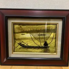 【送料込み】ベトナム刺繍作品 漁師と船の絵 額縁付き