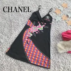 CHANEL シャネル 水着 花柄 ワンピース Aライン 黒ブラック 美品