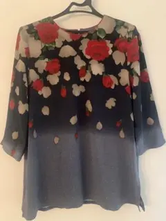 G/ ミセス素敵服　花柄七分袖トップス　L チャコールグレー　チュニックブラウス