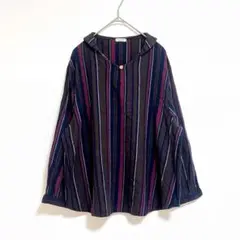 シャツ　七分袖　LL ネイビー　ブラウン　ストライプ　カジュアル　ゆったり　秋冬
