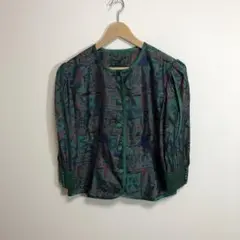 レトロ ノーカラー ジャケット 総柄 古着 個性 パターン 1点もの 緑 L