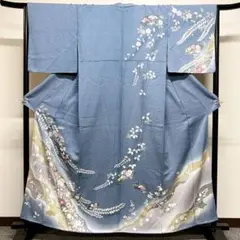 お値下げ不可 青色のたたき染に様々な花と扇が描かれた訪問着 着物