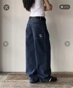 LYEON バック刺繍ワイドルーズデニム
