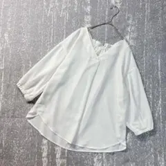 ★ハッシュアッシュ　ブラウス　七分袖　ドロップショルダー　Vネック　オフィス　M