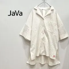 【ジャバ】半袖シャツブラウス M アイボリー ジャガード柄 胸ポケット付き