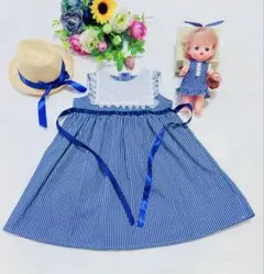 handmade女の子用ギンガムチェックワンピース&メルちゃんコスチュームセット