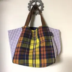 チェック柄キューブトートバッグ(イエロー×パープル)