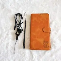 Arrows We2 F-52E ケース 手帳型 猫 ストラップ付 ブラウン