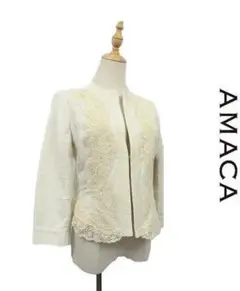 U098/ AMACA ノーカラージャケット レース リネン混 M ベージュ