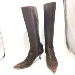 ★美品★プラダ ロングブーツ 22〜22.5 カーキ レザー レディース 靴
