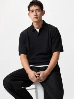 ユニクロ UNIQLO ウォッシャブルニットポロセーター半袖 ブラック 黒 S