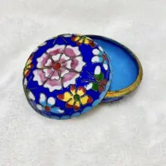 【七宝焼 小物入れ】手のひらサイズ 丸型 蓋付き 花柄 ブルー